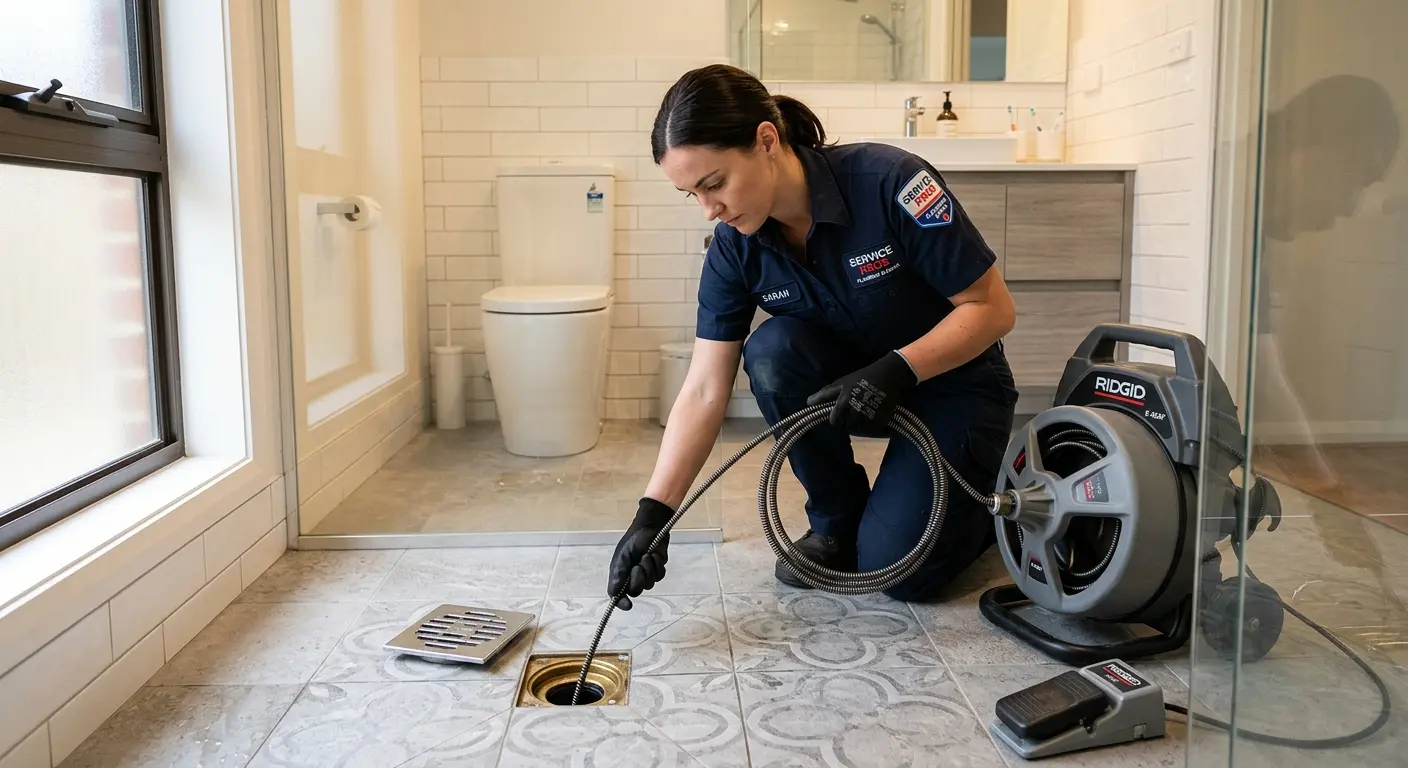Technician clearing a bathroom floor drain for Drain Cleaning in Decatur